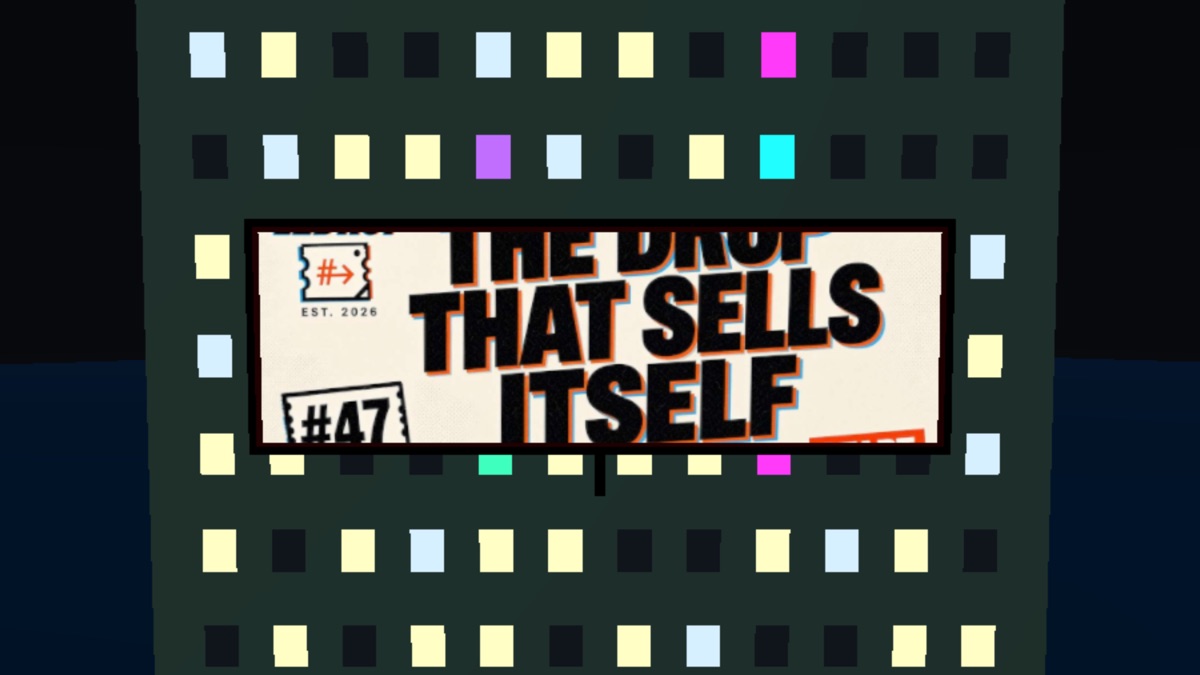 A billboard in The Pillar's 3D city at night, covered edge to edge by a full-bleed poster banner